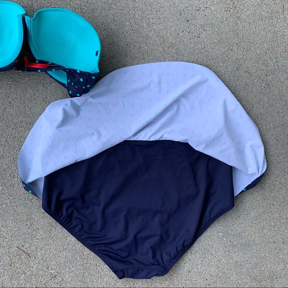 SPANX Polka Dot Bikini Top & Skirted Bottoms teal navy size 10 - Picture 9 of 10